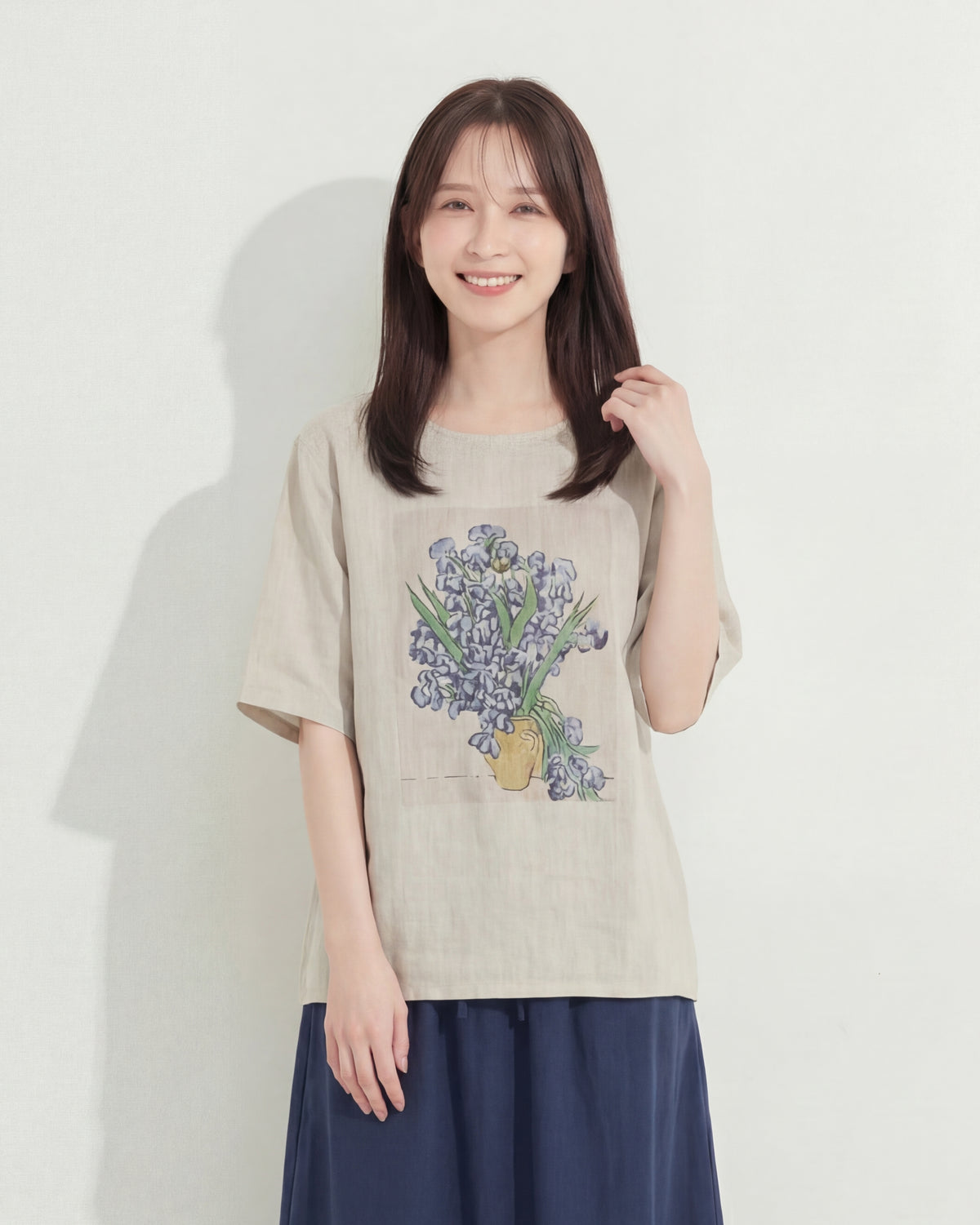 グレー クルーネック フラワープリント ゆったり 半袖Tシャツ