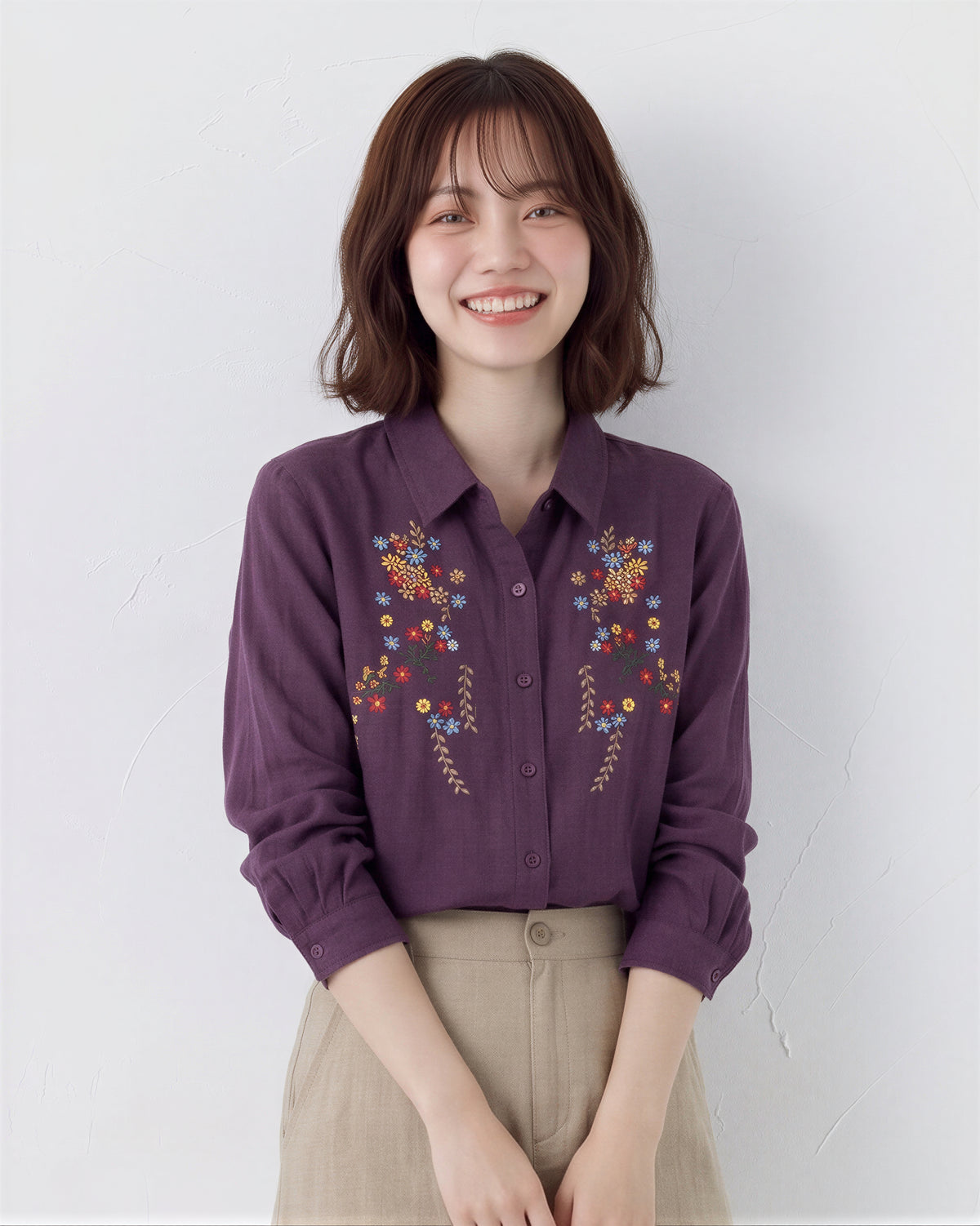 刺繍入り襟付きルーズシャツ-パープル-FREE