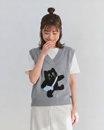 猫ジャカードVネックゆったりニットベスト