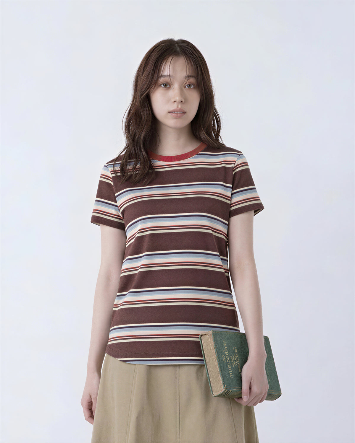 チェリーレッド襟 配色ボーダー 半袖Tシャツ