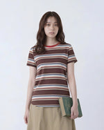チェリーレッド襟 配色ボーダー 半袖Tシャツ