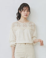 M~2XL カットワークレース切り替え パフスリーブブラウス
