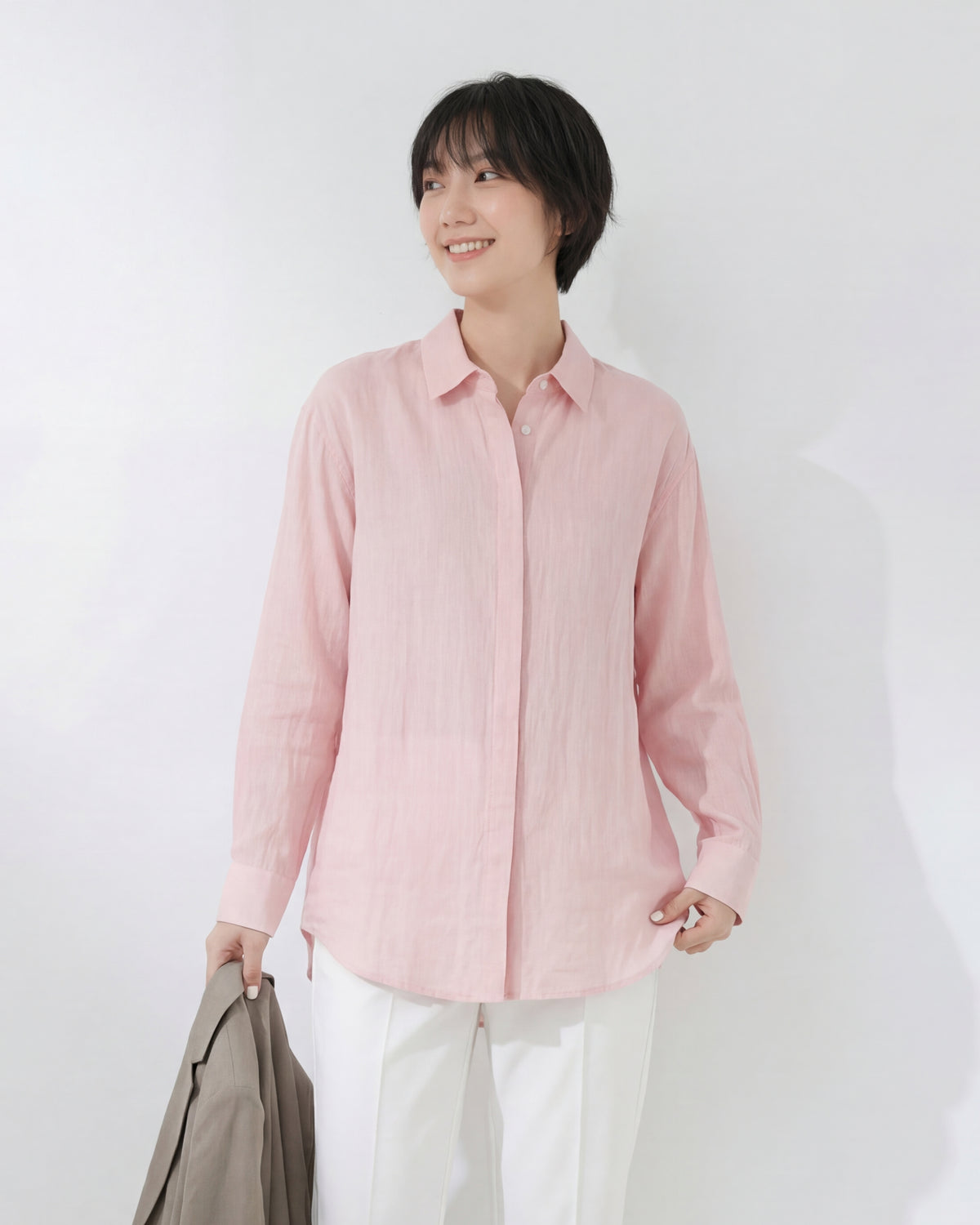 ドロップショルダー ルーズ ラウンドヘム 長袖シャツ-ライトピンク-2XL
