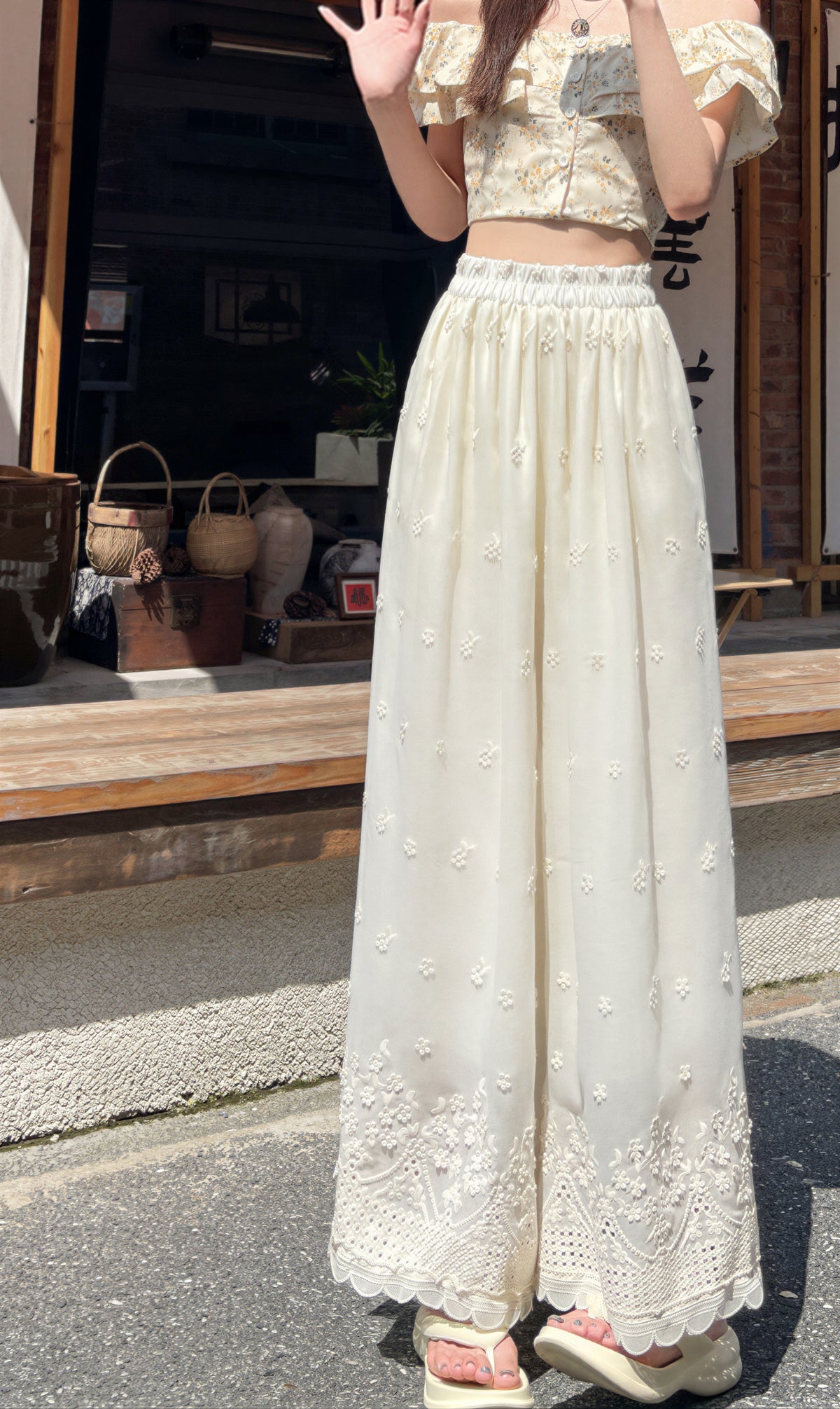 刺繍レース ハイウエスト ワイドパンツ