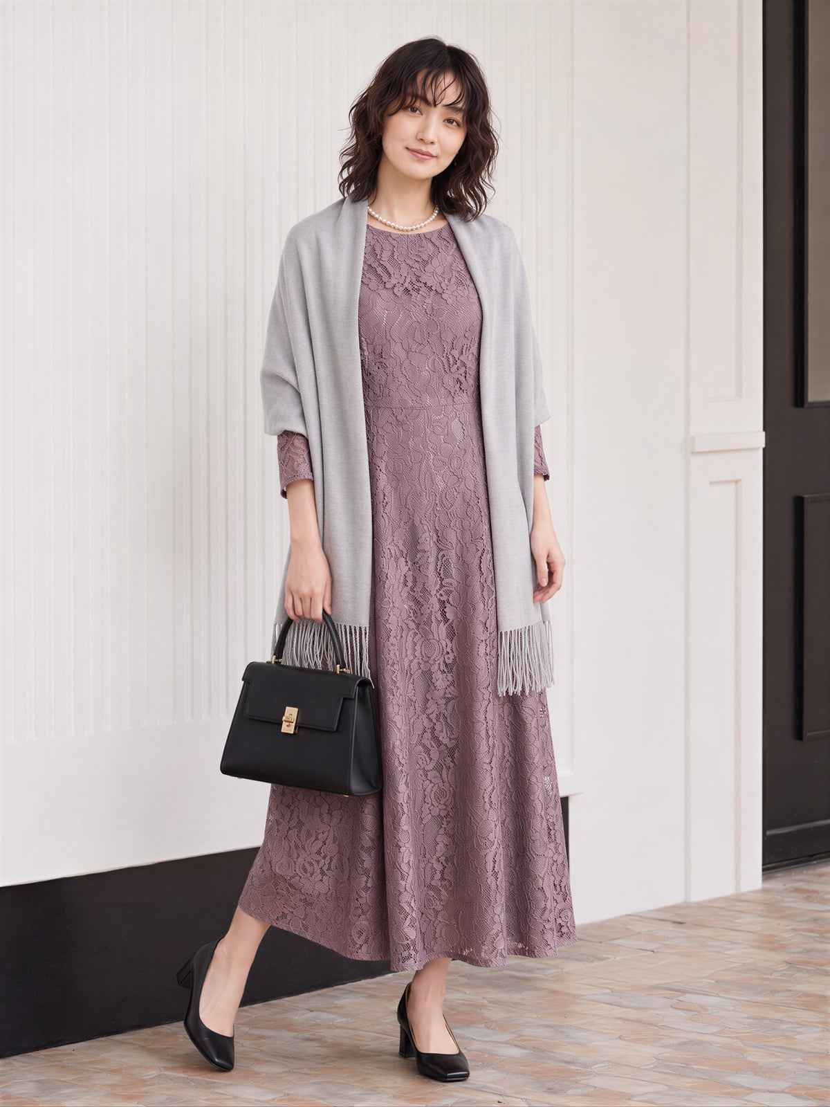 【秋新作】【全2色】S~2XL ラウンドネック 長袖 Aライン レースワンピース