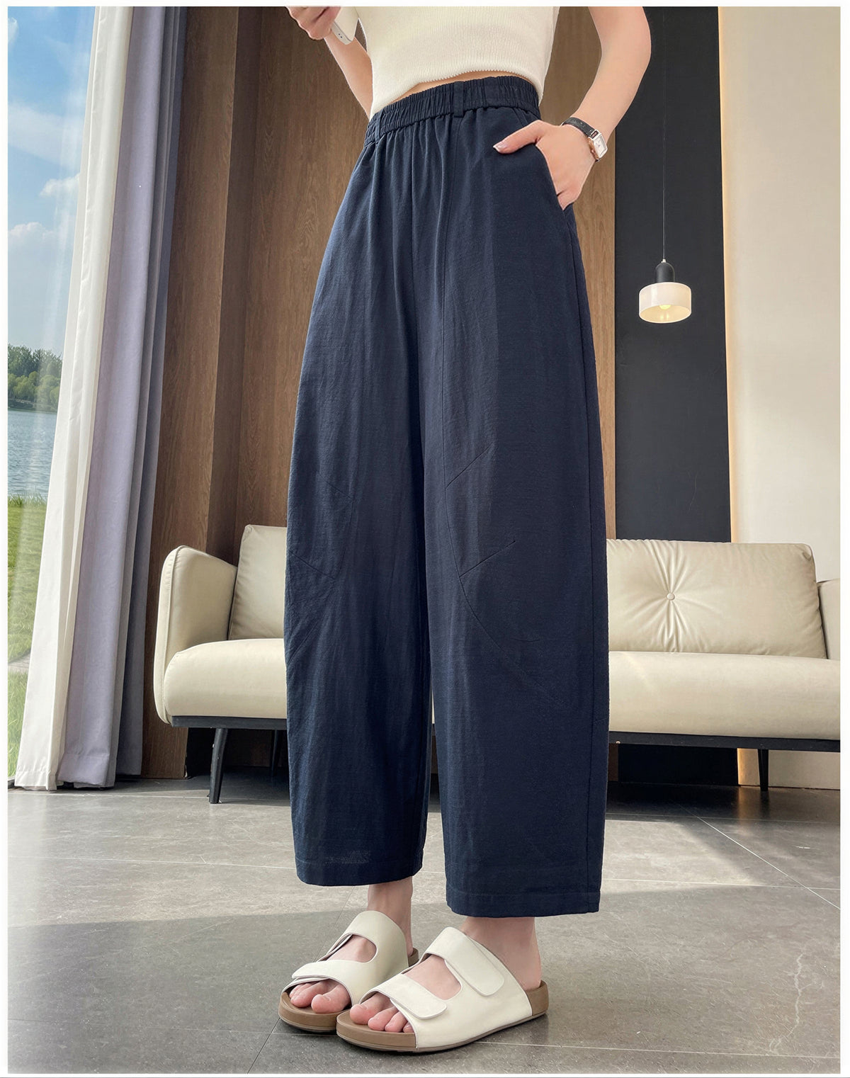 ハイウエスト ゴム仕様 ストレートワイドパンツ-ダークブルー-4XL