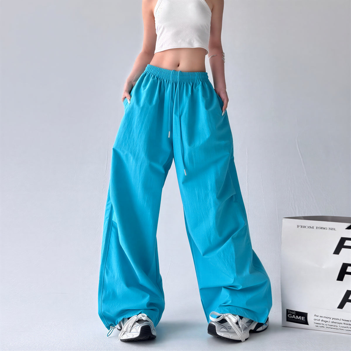 ドローストリング付きウエストゴムワイドパンツ-サックス-L