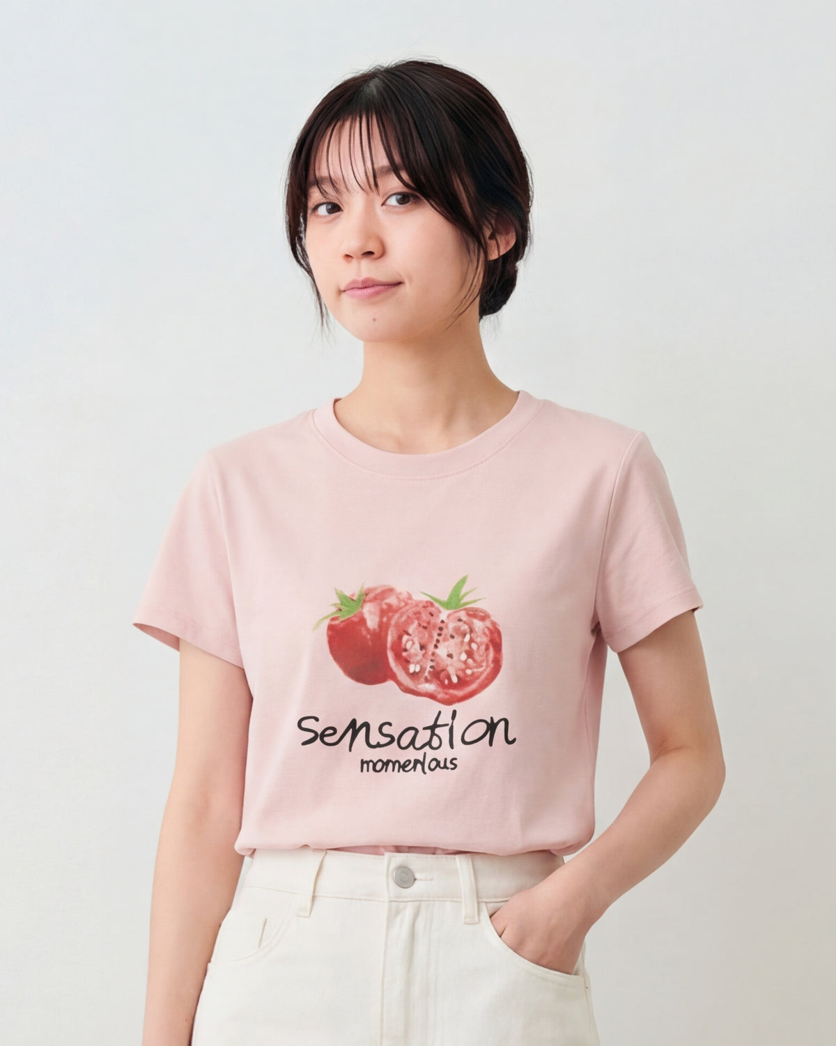 ライトピンク フルーツプリント クルーネック半袖Tシャツ-ライトピンク-L