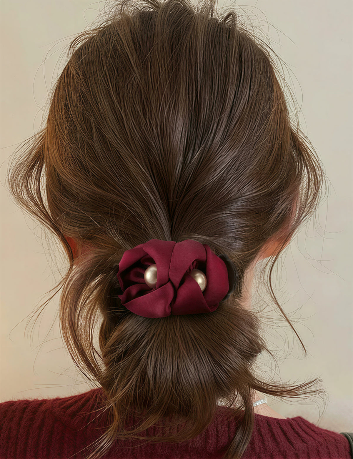 サテン調つぼみデザイン パール付きヘアクリップ-ワイン-FREE
