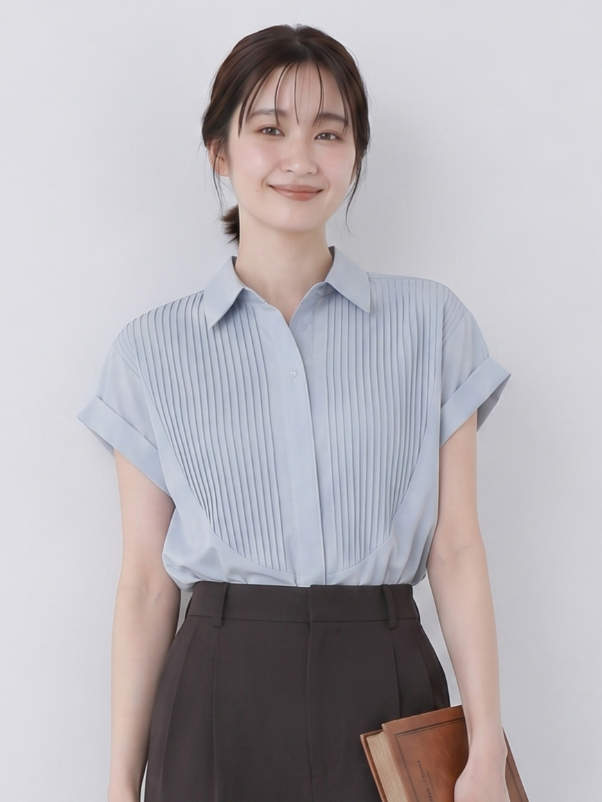 立体プリーツ切り替え 半袖シャツ