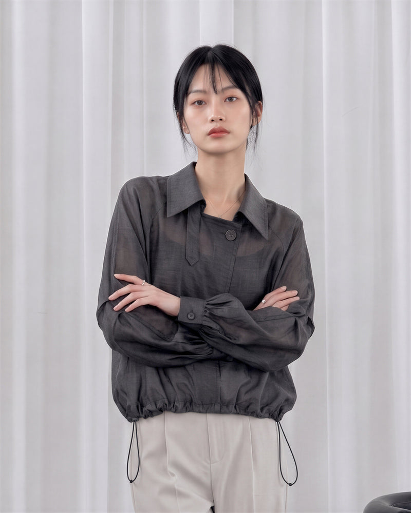 L~3XL ドローストリングウエスト アシンメトリー前立てシャツ