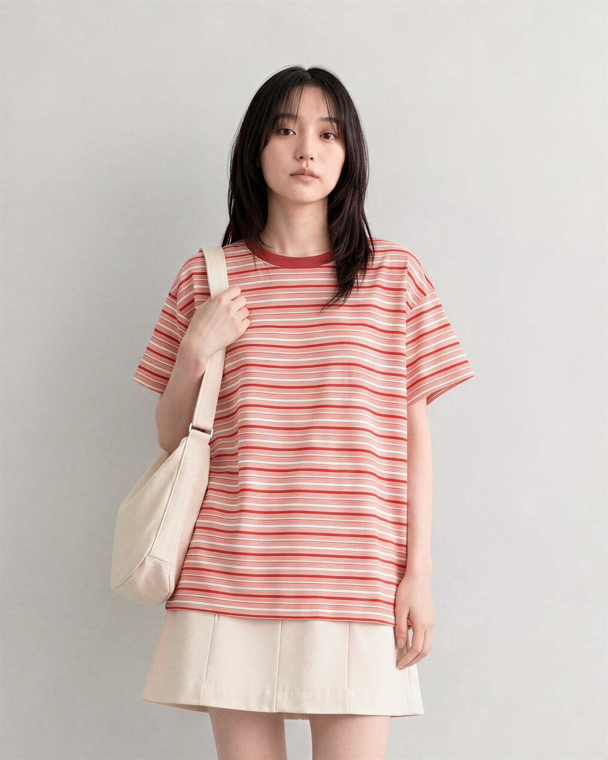 レッドボーダー ルーズ ドロップショルダーTシャツ