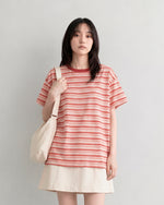 レッドボーダー ルーズ ドロップショルダーTシャツ