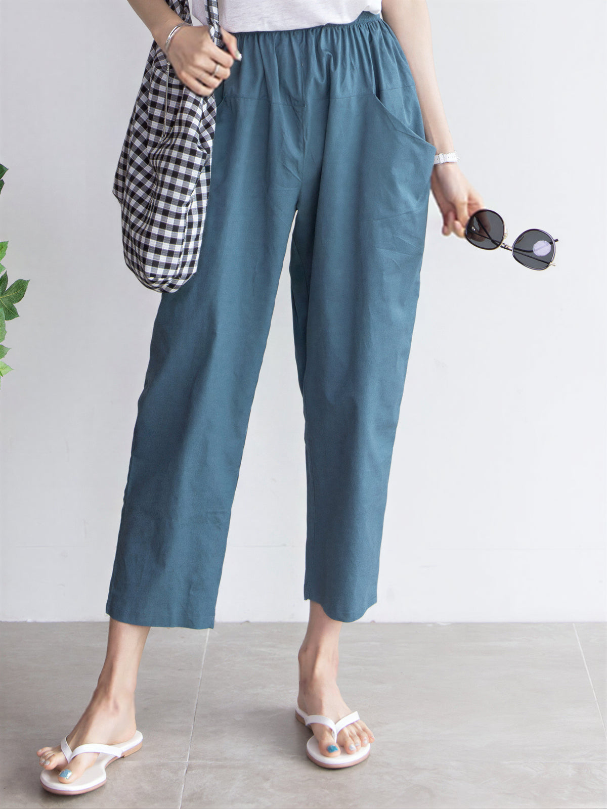 ウエストゴム ハイウエスト ゆったりハーレムパンツ-ダークネイビー-6XL