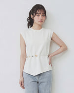 ショルダーパッド入り ノースリーブ ウエストシェイプボタン アシンメトリーヘムTシャツ-ライトベージュ-XL