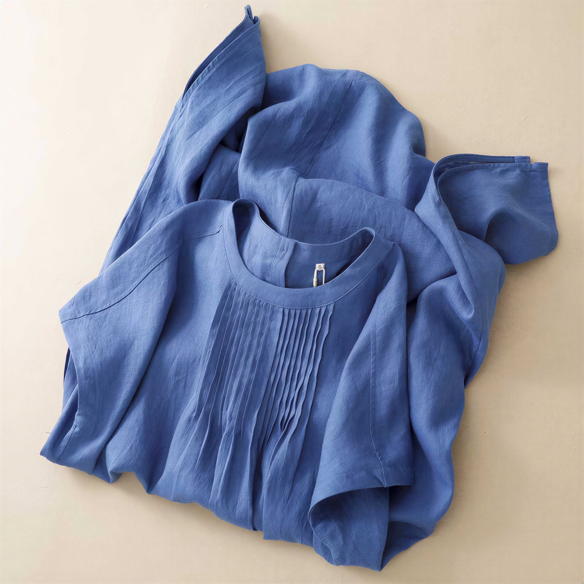 M~2XL プリーツ入りクルーネック ゆったりミディ丈ワンピース