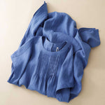 M~2XL プリーツ入りクルーネック ゆったりミディ丈ワンピース