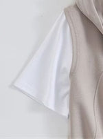 M~3XL フード付きVネック スリット入りフェイクレイヤードTシャツ