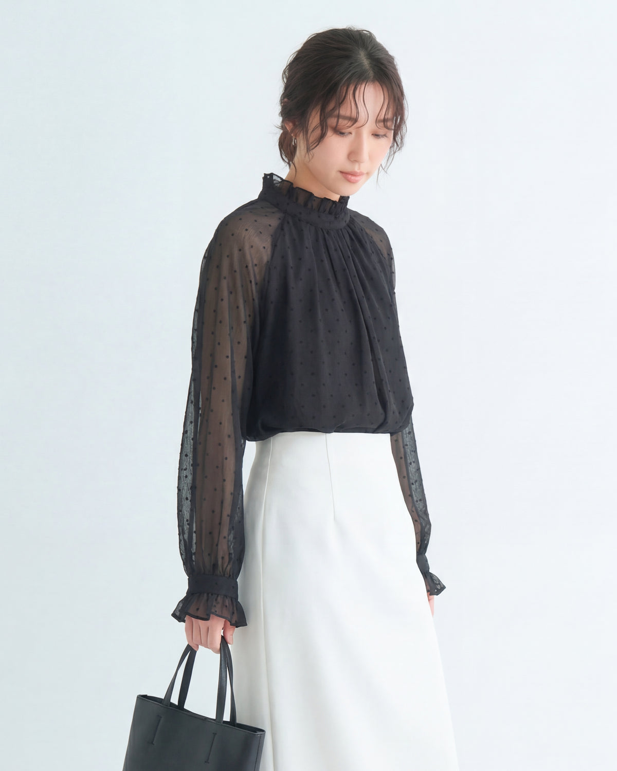 ドット柄シアー切替 スタンドカラー フリルブラウス
