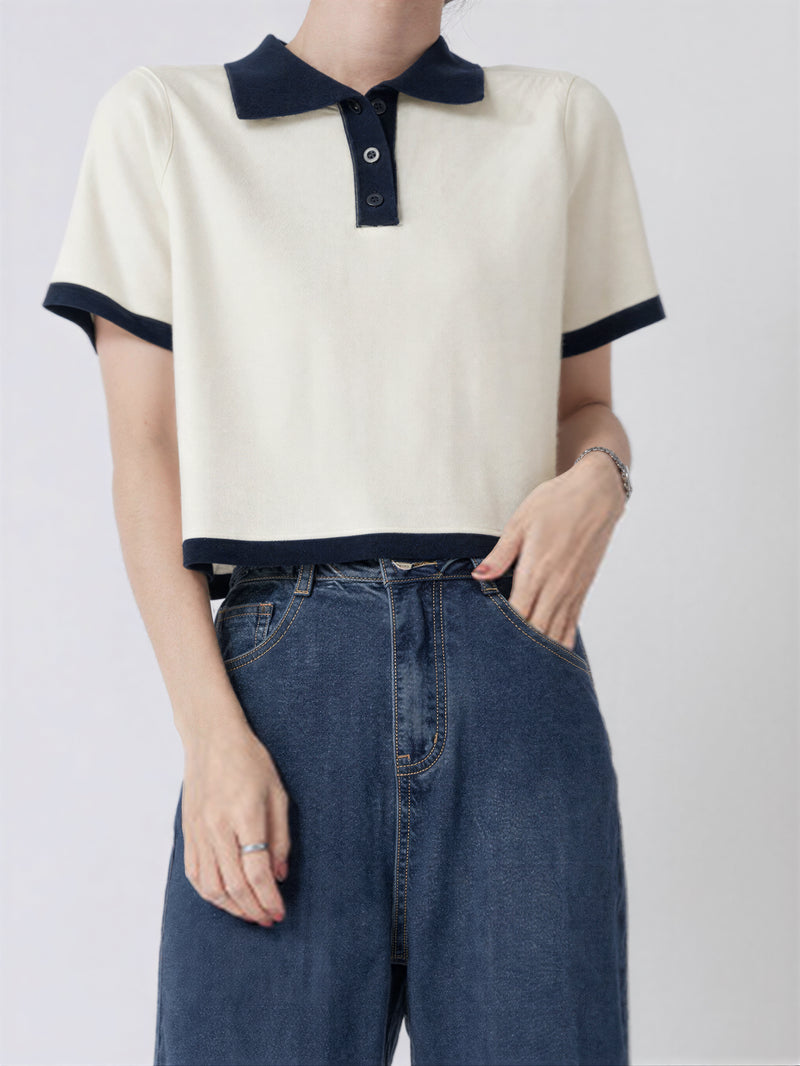 配色POLO襟ショート丈ニットトップス