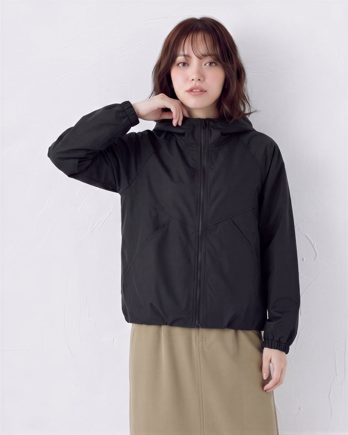 【秋新作】M~2XL ショート丈 配色切り替えライン ジップアップ フードジャケット