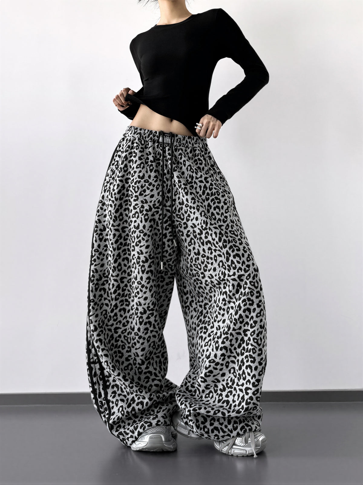 S-XL レオパード柄 ドローストリング サイドライン ワイドパンツ