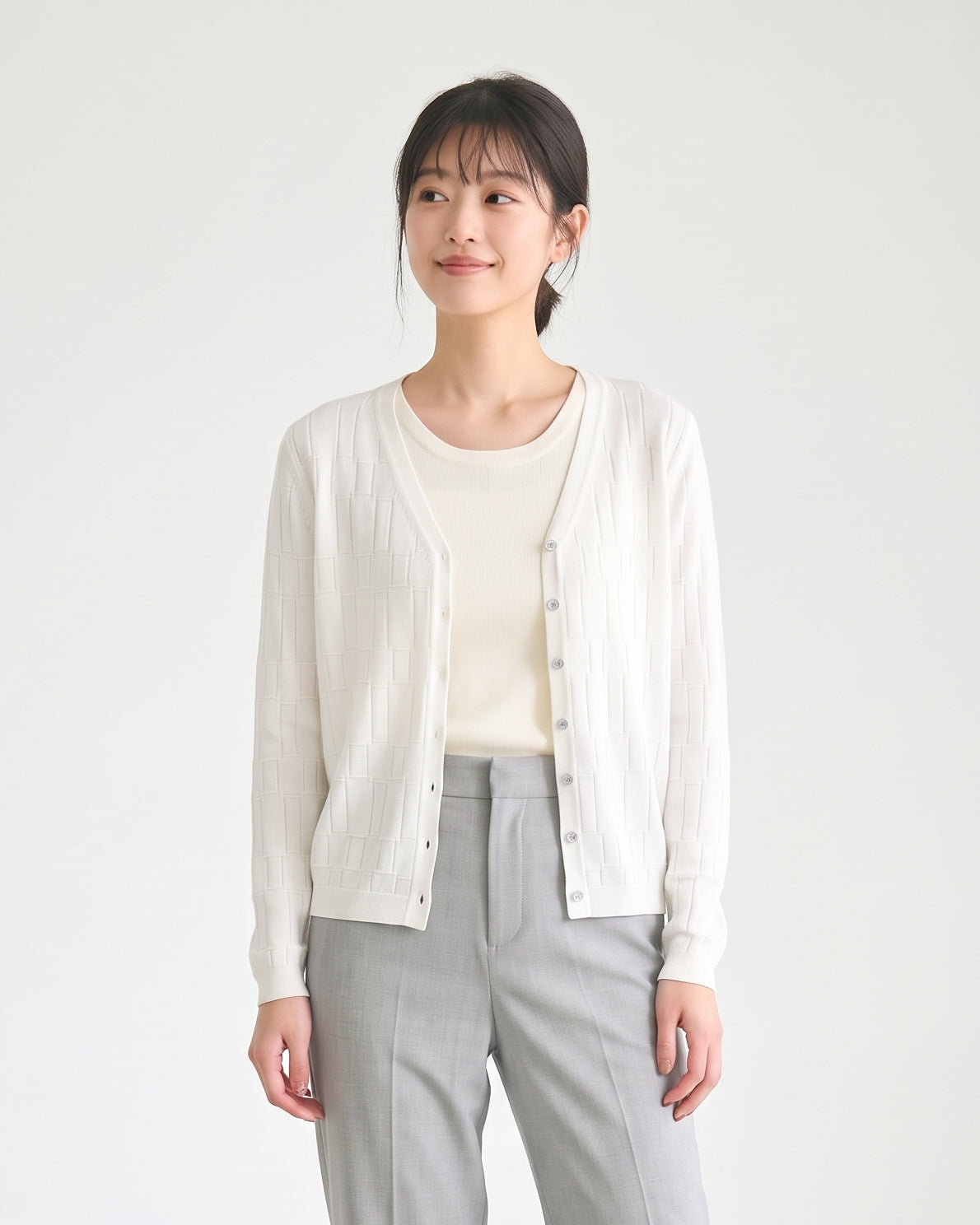 Vネック テクスチャー スリムニットカーディガン-ホワイト-2XL