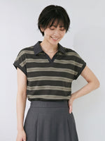 襟付きボーダー ロールヘムTシャツ