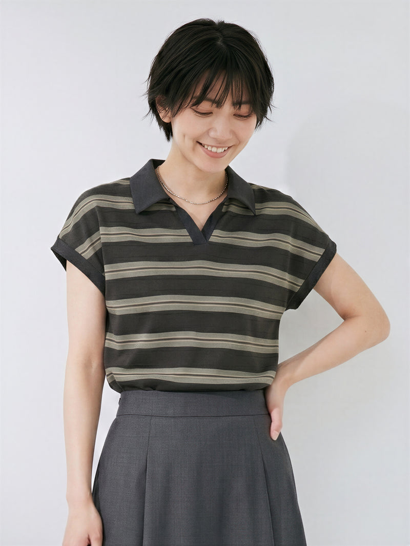 襟付きボーダー ロールヘムTシャツ