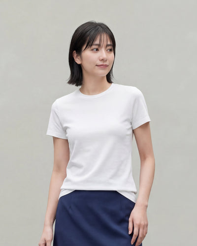 スリムフィット 伸縮性 クルーネック ショート丈 半袖Tシャツ-ホワイト-2XL