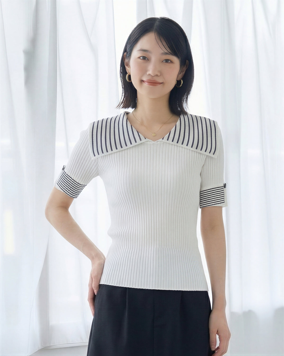 マリンボーダー 襟付き スリムフィット ニット半袖ポロ