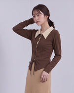 M~2XL 配色ビッグカラー ウエストマーク リボンニット