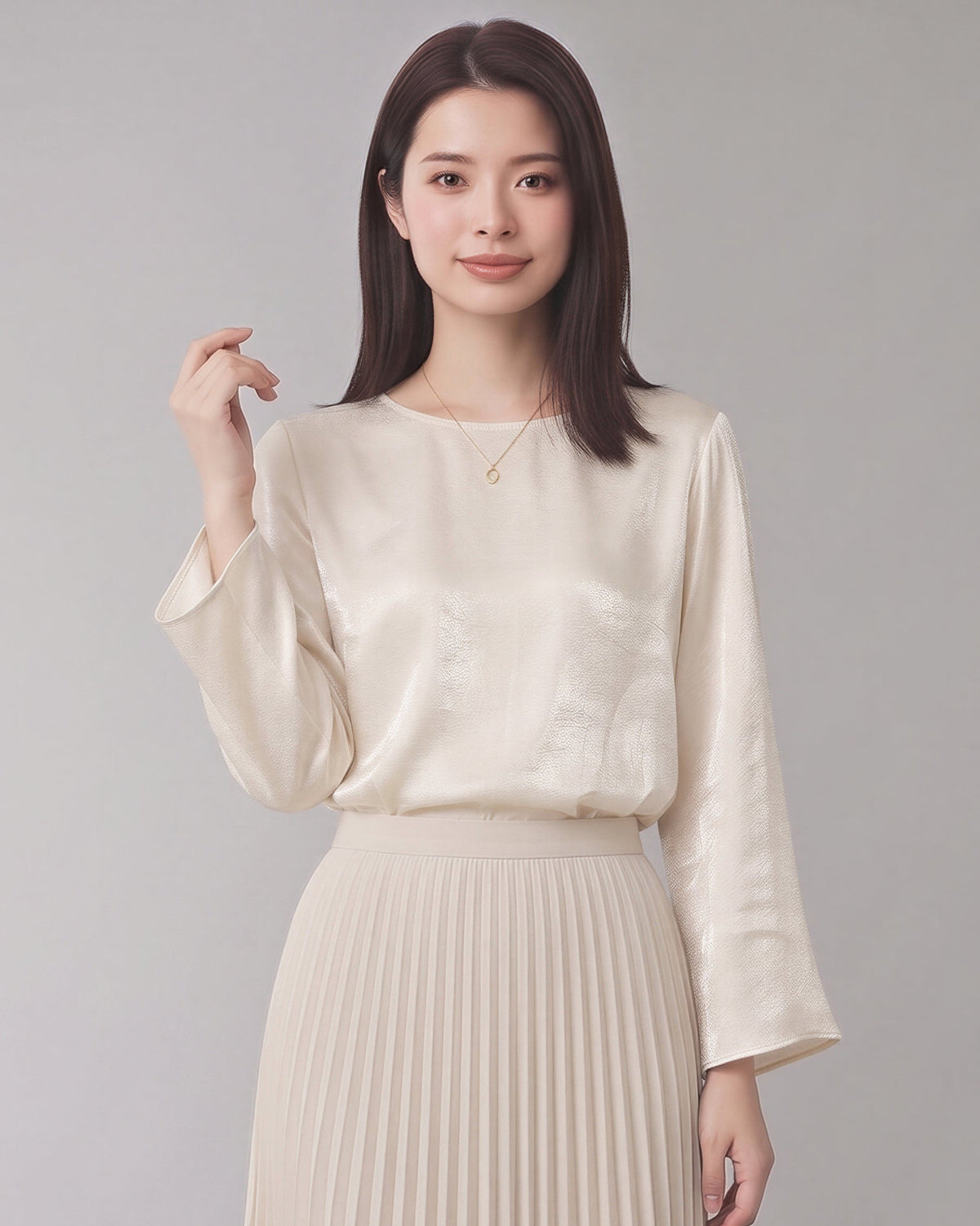 ジャカード光沢ゆったり七分袖Tシャツ-ホワイト-XL