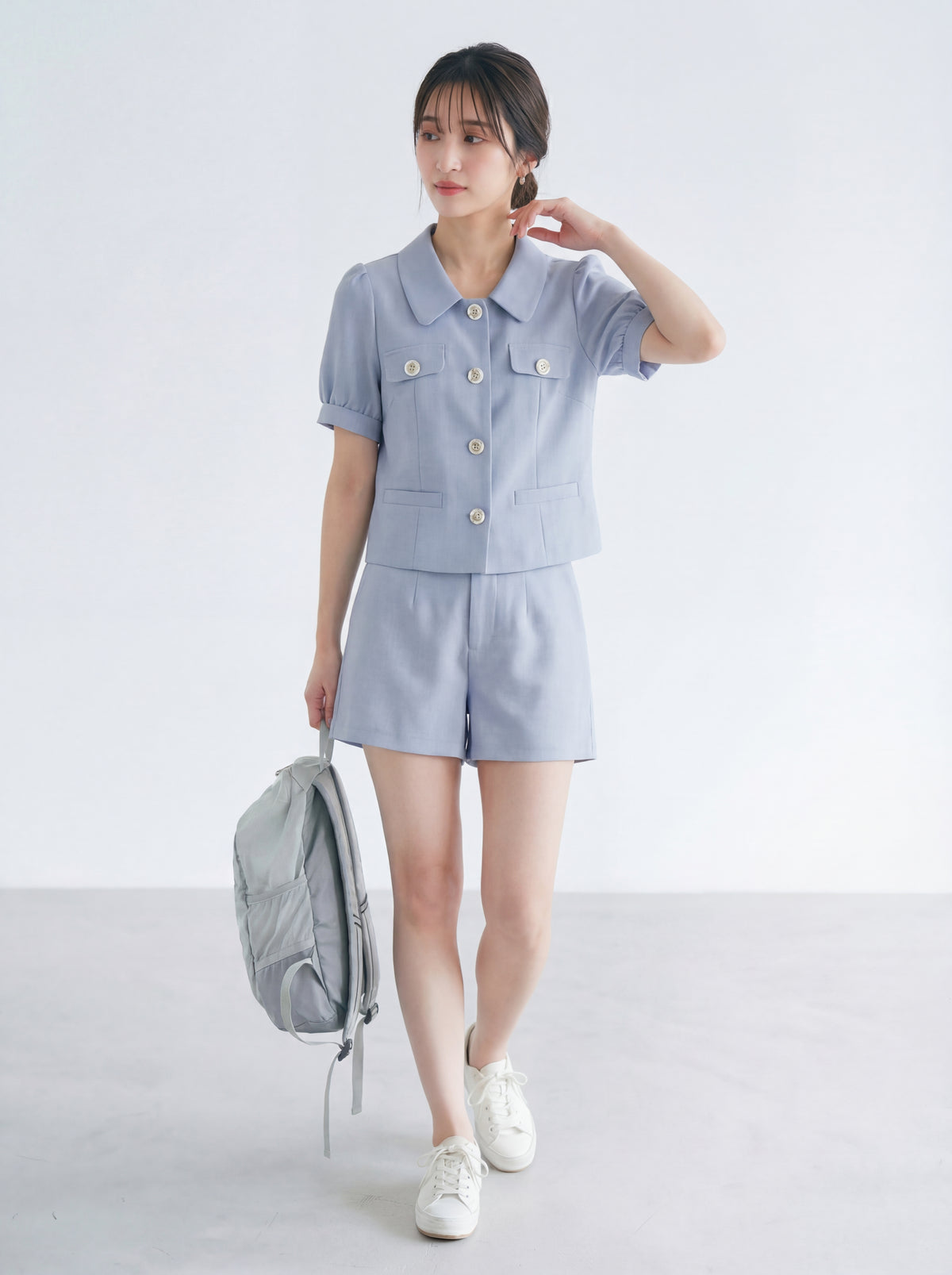 ドールカラー×パフスリーブ ショートジャケット 2点セット-サックス-3XL