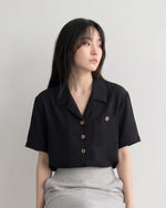 配色ボタン 襟付き半袖シャツ-ブラック-2XL