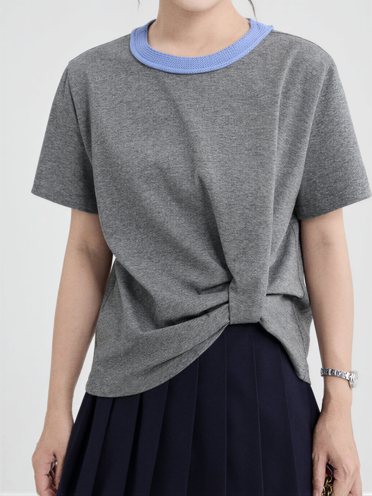 配色クルーネック サイドツイスト 半袖Tシャツ