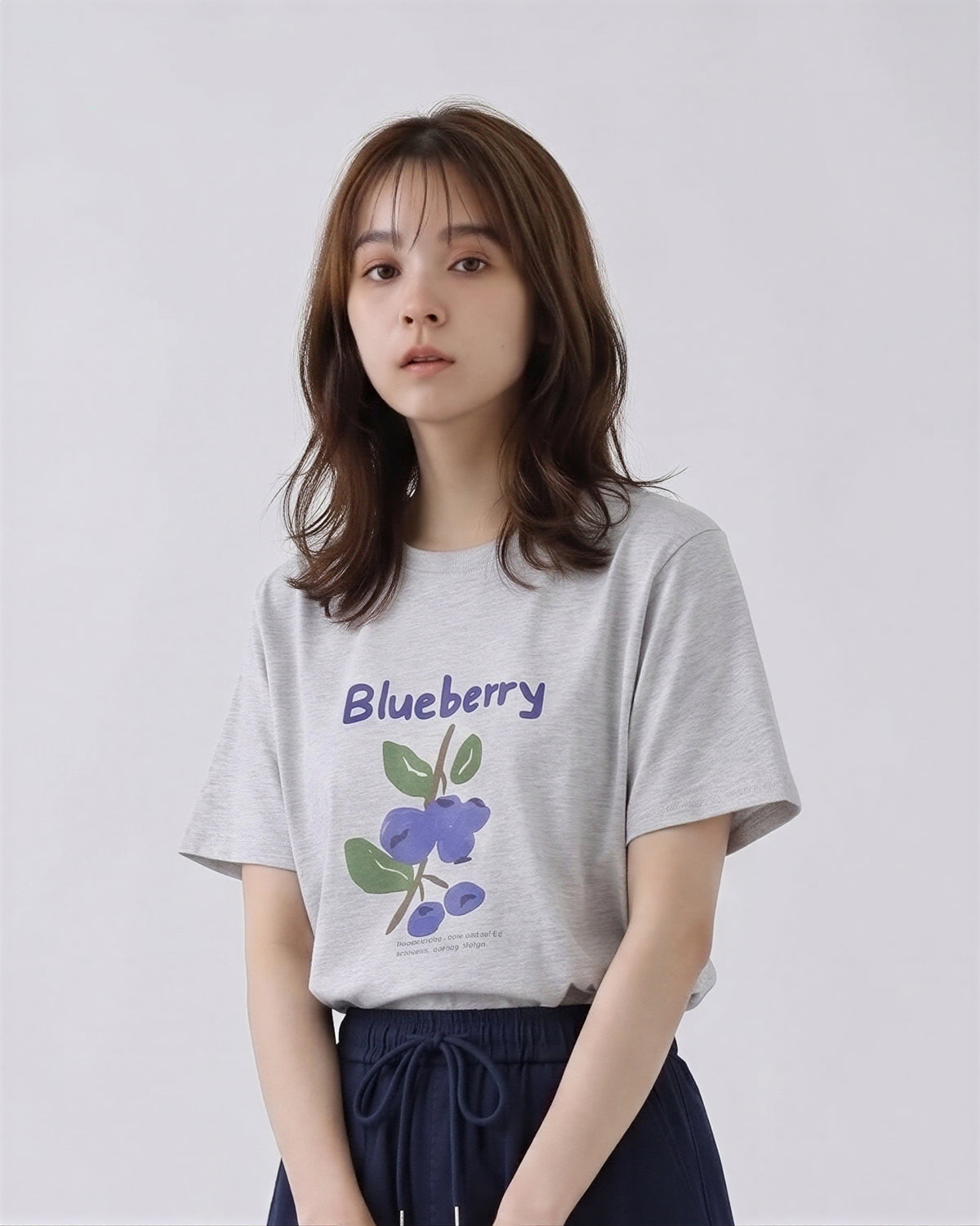 グレー フルーツプリント ルーズTシャツ