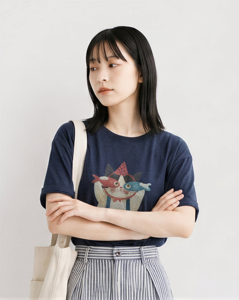 ゆったりドロップショルダー 遊び心プリント半袖Tシャツ