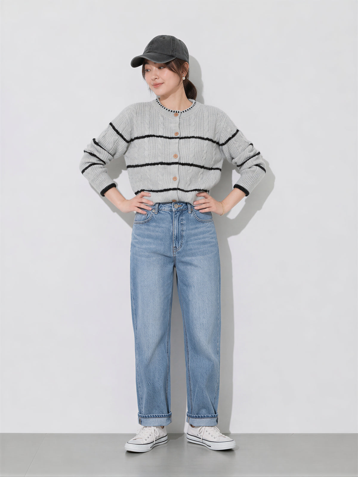 S~XL ラウンドネック ボーダーニットカーディガン