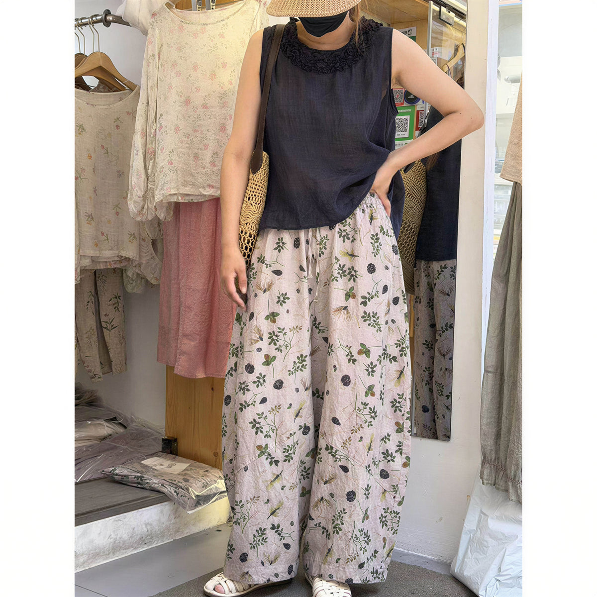 ボタニカルプリント ゆったりワイドパンツ-グリーン-2XL