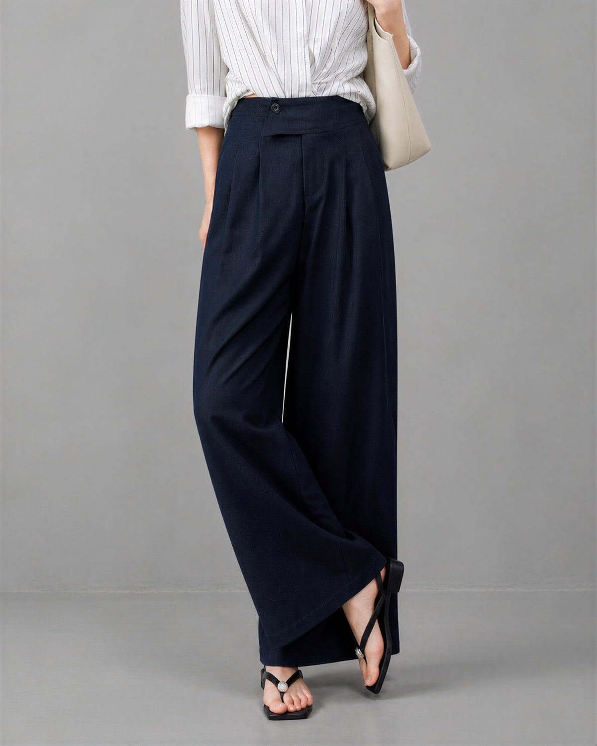 S~XL ハイウエスト ドレープ感 アシンメトリー ワイドパンツ