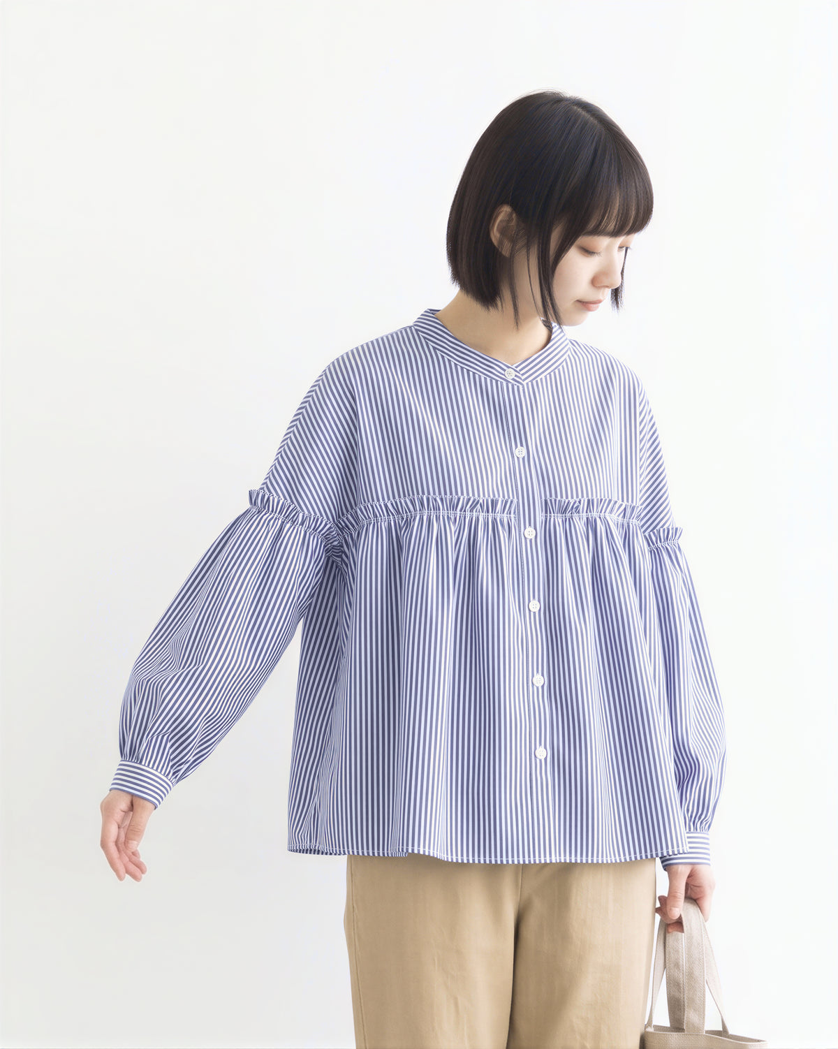 フリル＆ギャザー ゆったりシャツ-ブルー-2XL
