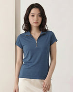 ハーフジップ Vネック フィット 半袖Tシャツ-ダークブルー-3XL