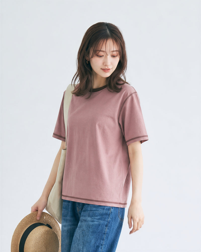 【全3色】ゆったりストレート 配色トリムTシャツ | 肌触り柔らかい