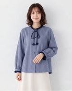 フリルネックリボン付きチェックシャツ-ブルー-2XL