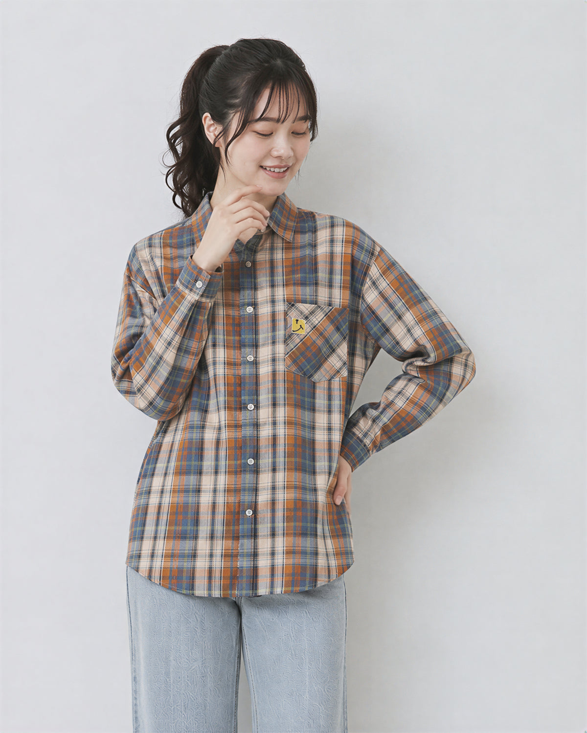 【秋新作】M~2XL ゆったりチェック柄シングルポケットシャツ