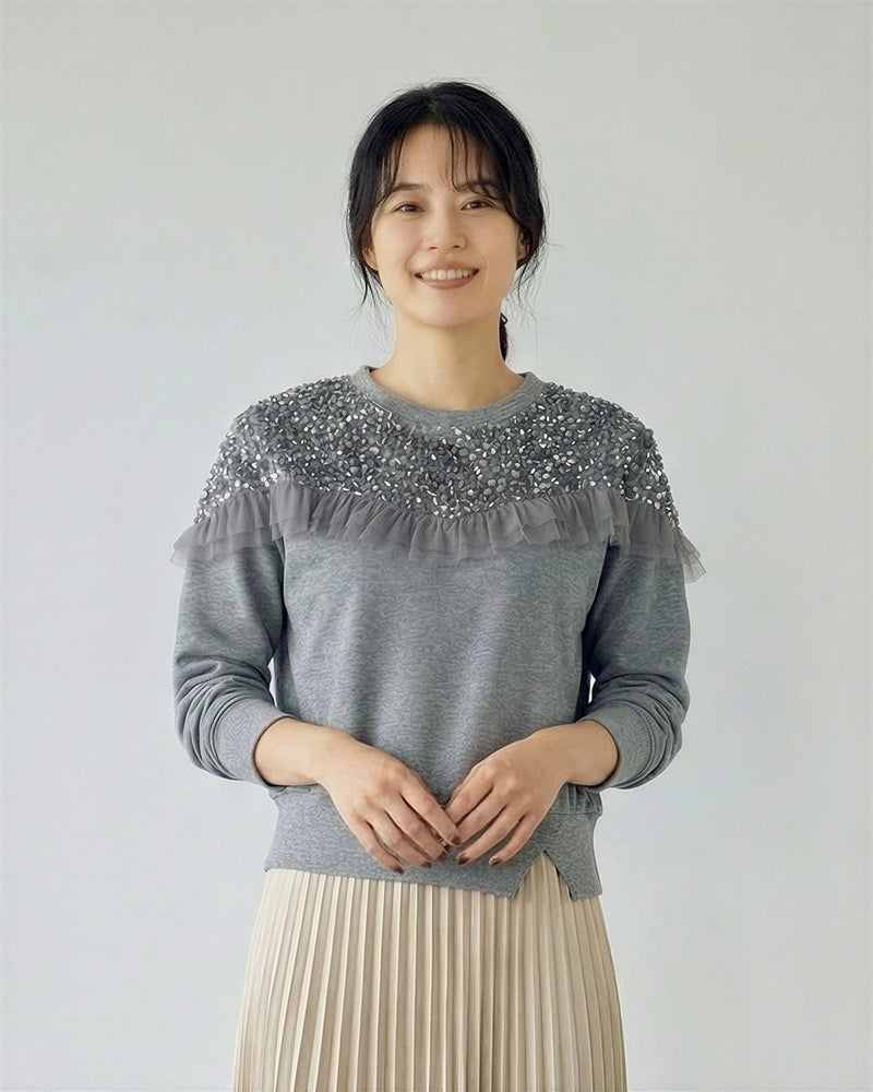 スパンコール切替 フリル（メロウ）付きスウェット