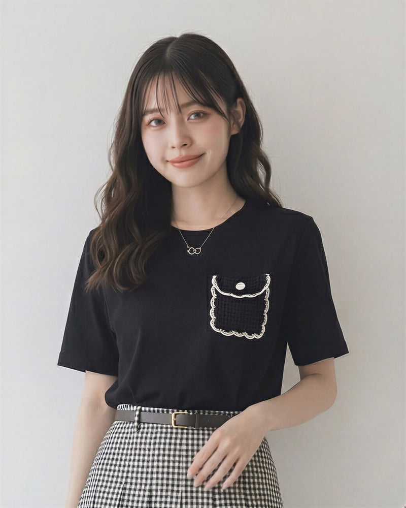 ブラック ゆったりドロップショルダー 立体ポケット刺繍 半袖Tシャツ-ブラック-XL