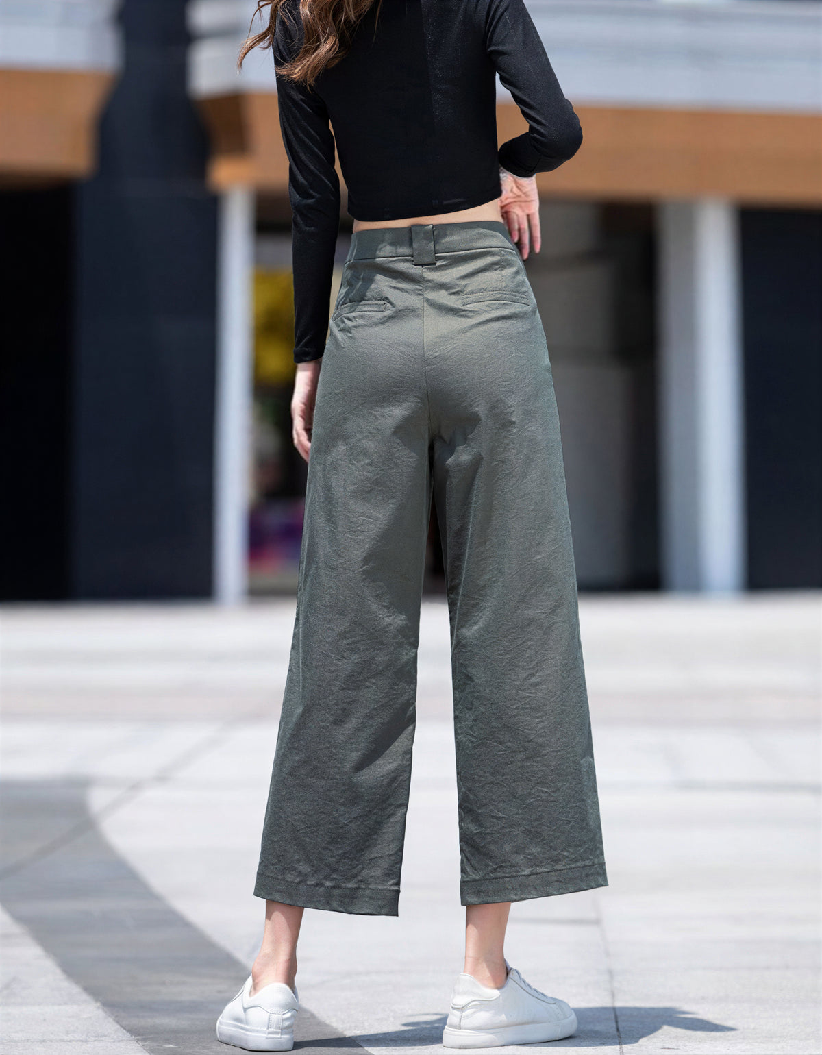 ハイウエストストレートワイドパンツ クロップド丈 リラックスフィット コットン-カーキ-4XL