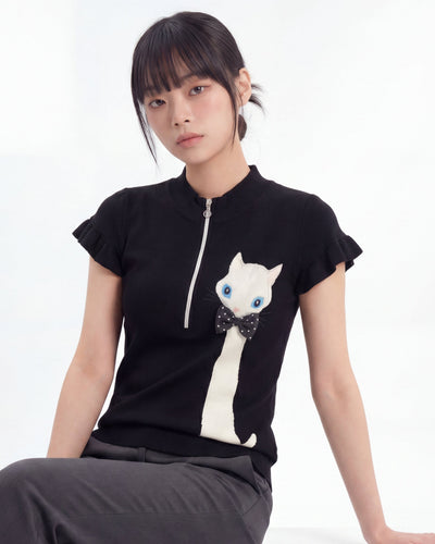 ハーフジップ スタンドカラー フリル袖 猫モチーフ 半袖Tシャツ-ブラック-XL